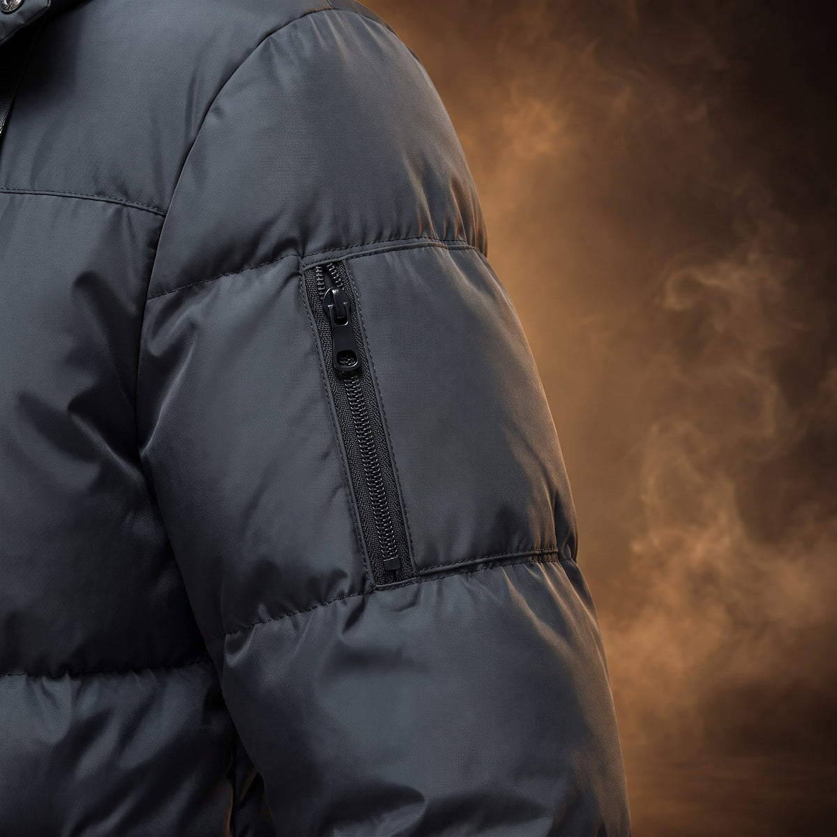 Nestor hooded puffer jacket, Dark Gray, close-up of the left sleeve zip pocket