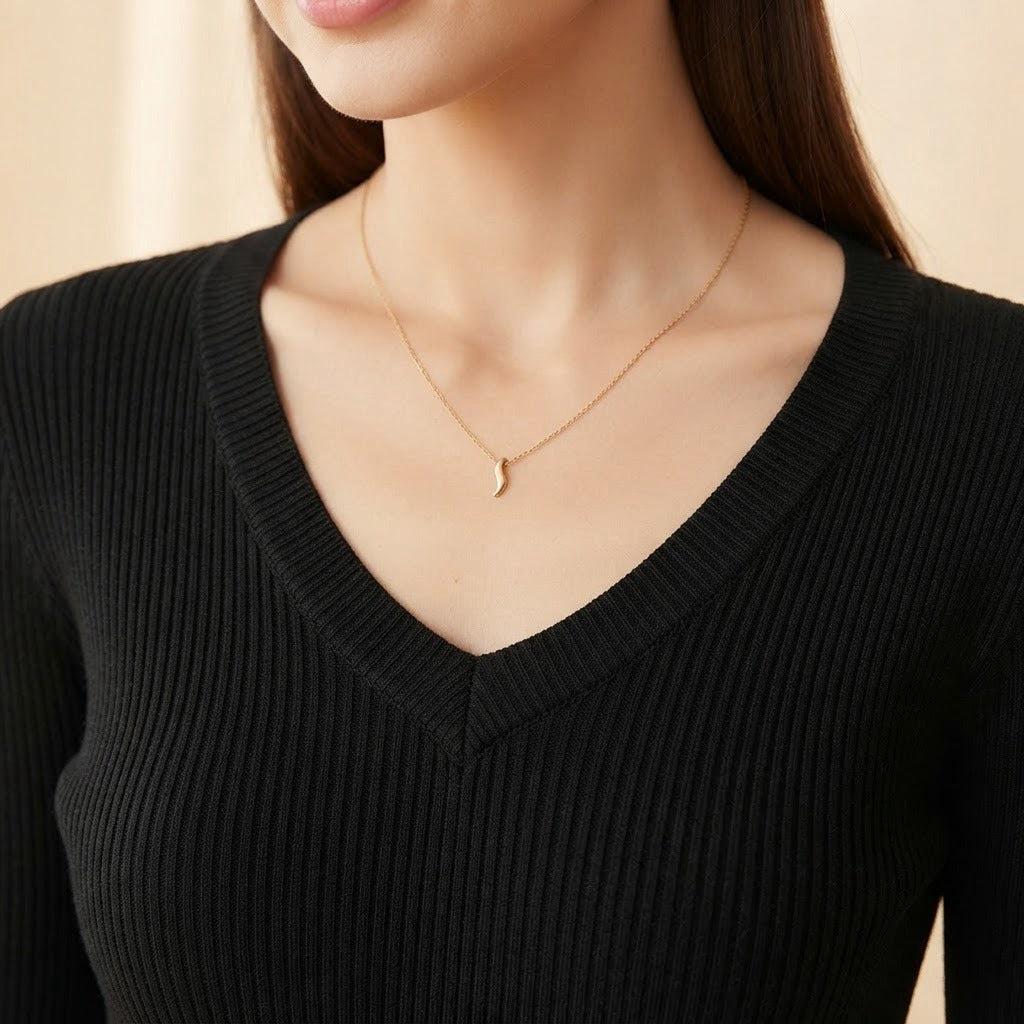 Greta ribbed V-neck knit sweater, Black, V neckline close-up