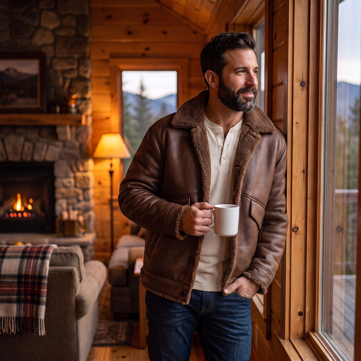 Vincenzo sherpa-lined faux leather jacket, Brown, worn in a mountain lodge