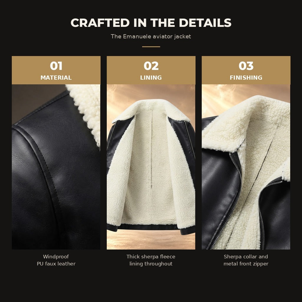 Emanuele sherpa lined faux leather aviator jacket, Black, material and details