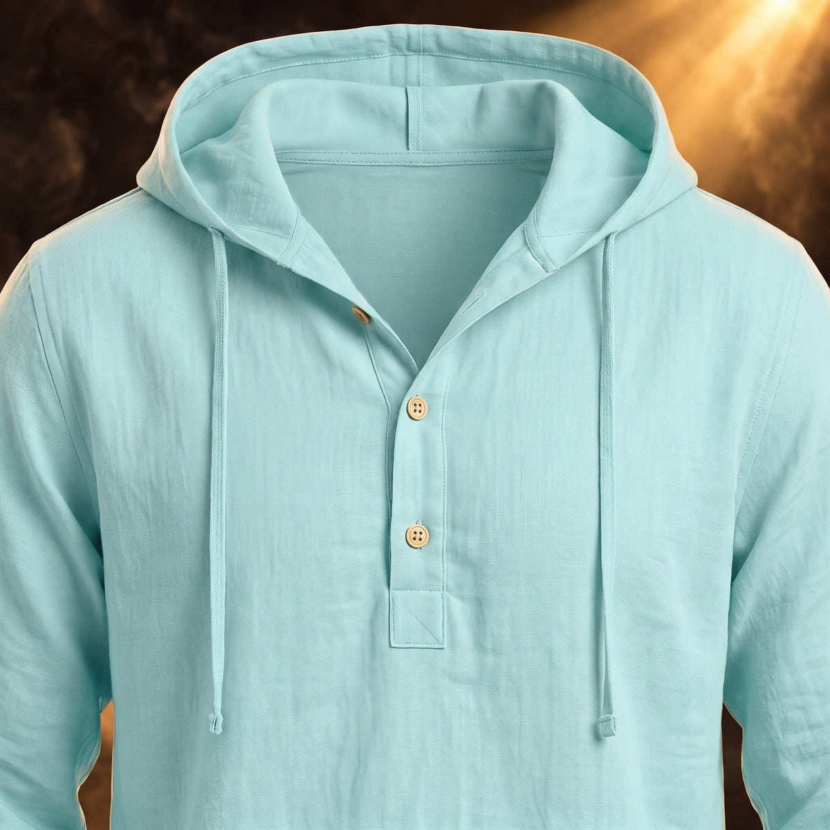 Dario hooded linen henley shirt, Mint Green, close-up of the drawstring hood