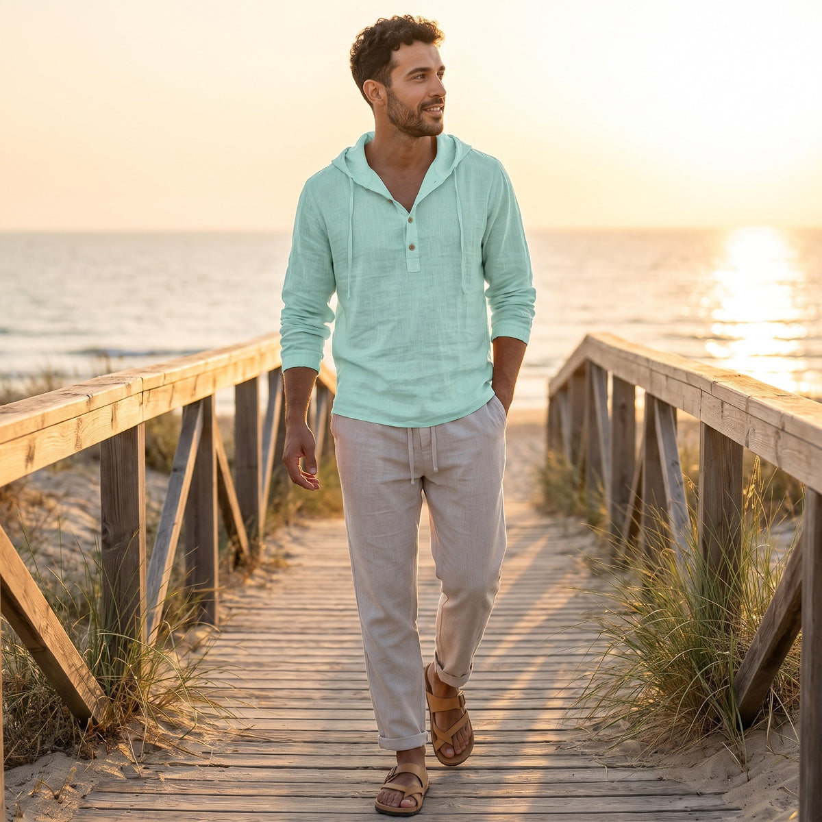 Dario hooded linen henley shirt, Mint Green, worn on a beach boardwalk at sunset
