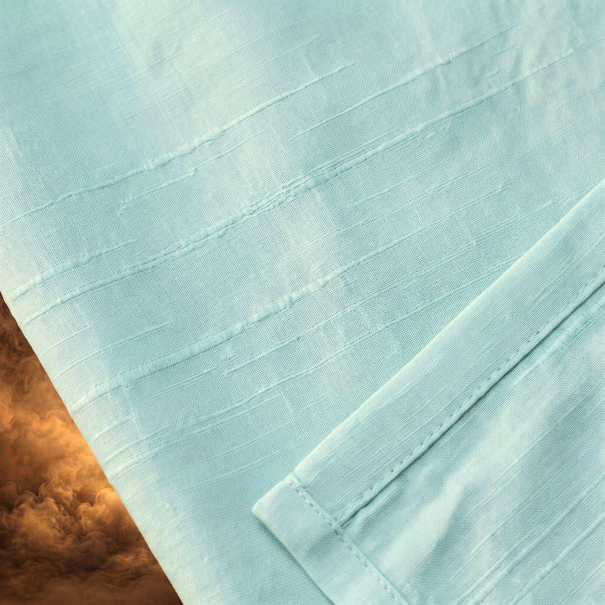 Dario hooded linen henley shirt, Mint Green, slubbed cotton and linen fabric up close