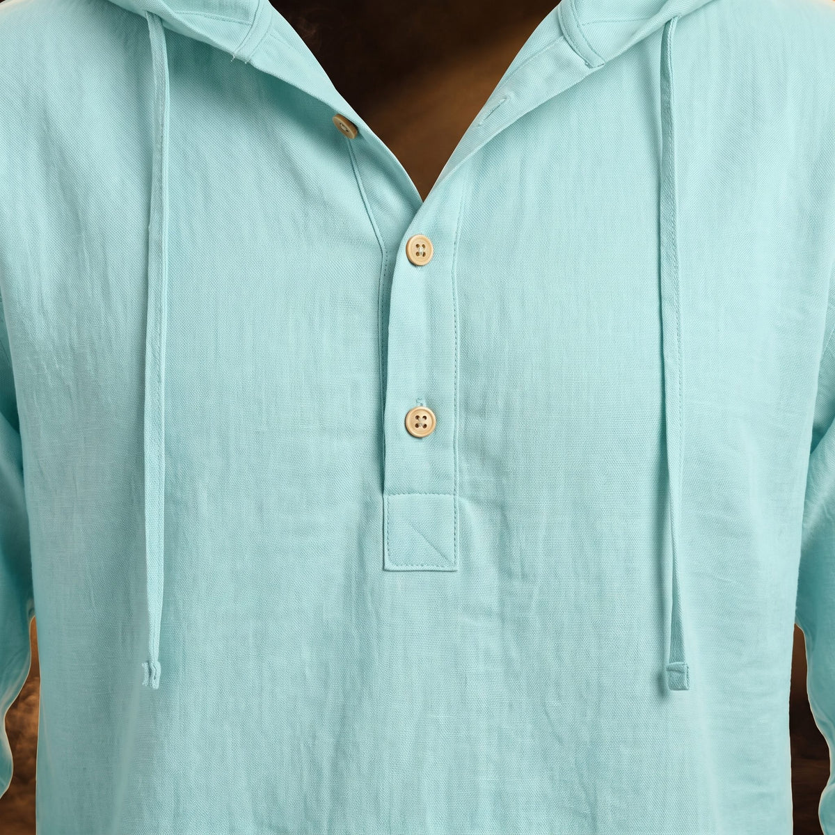 Dario hooded linen henley shirt, Mint Green, close-up of the short button placket