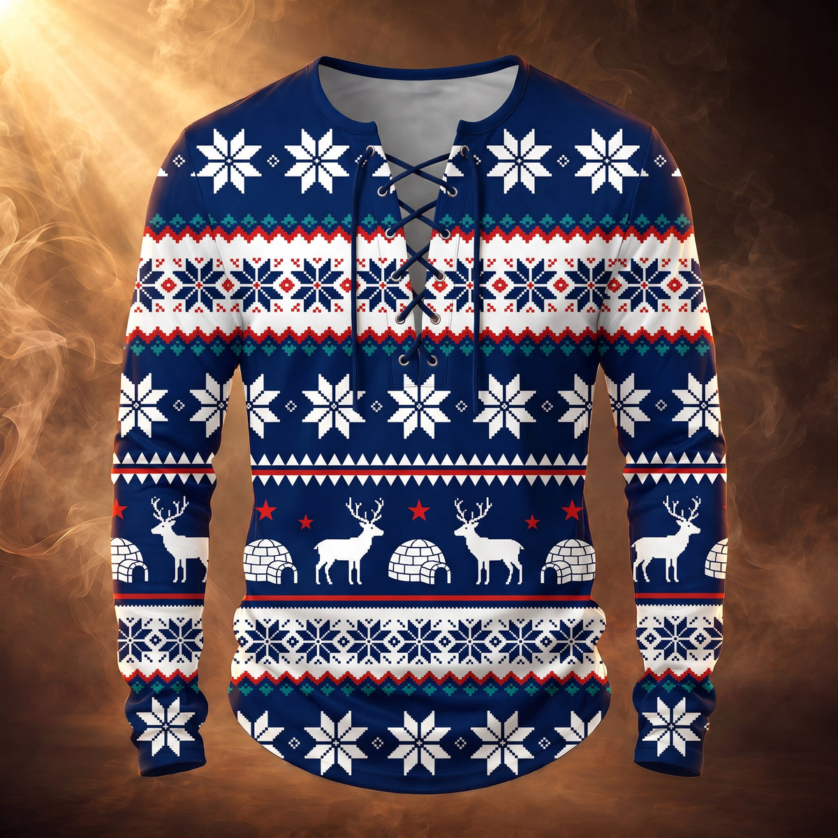 Desmond lace-up henley shirt, Navy Reindeer Print, front
