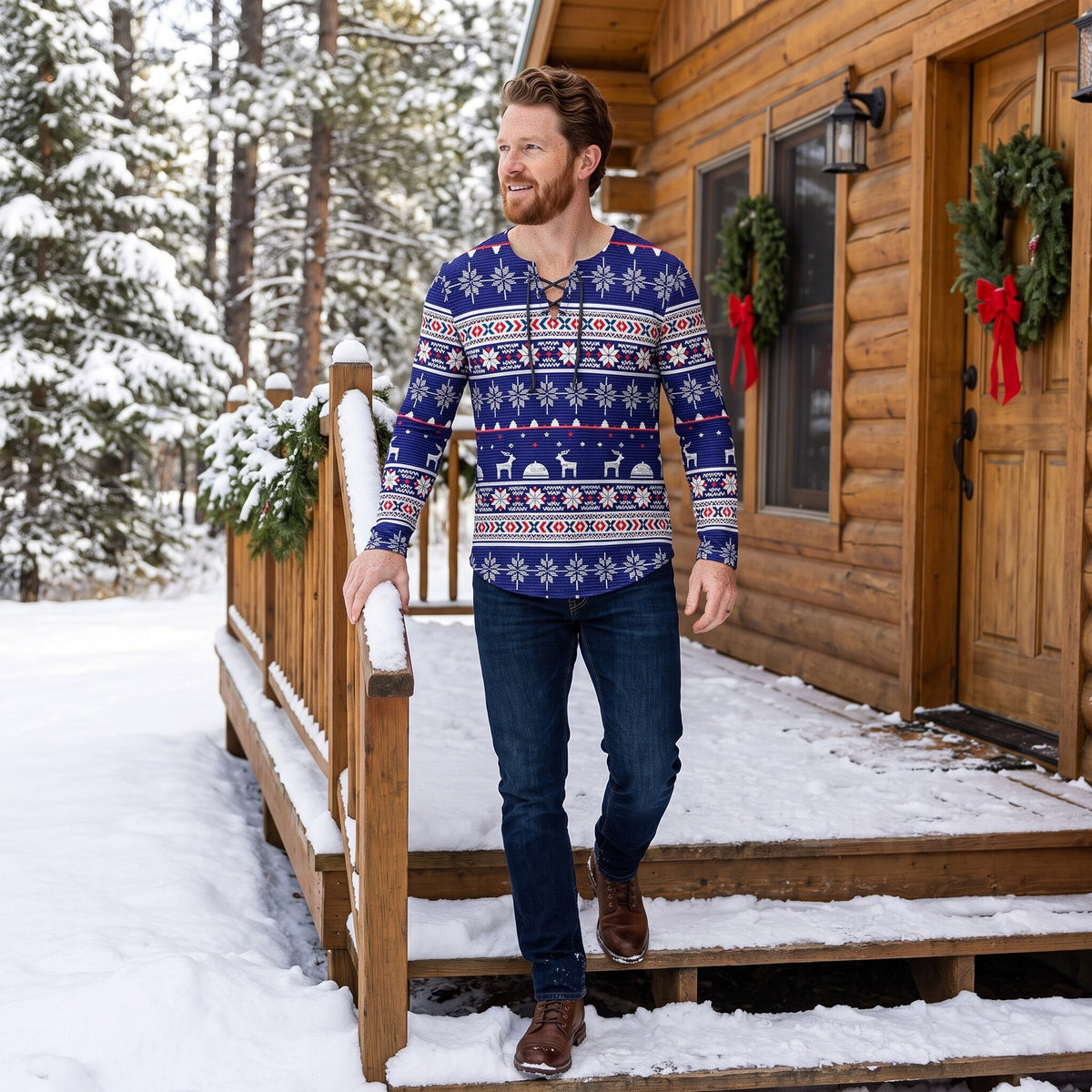 Desmond lace-up henley shirt, Navy Reindeer Print, worn on a snowy cabin porch