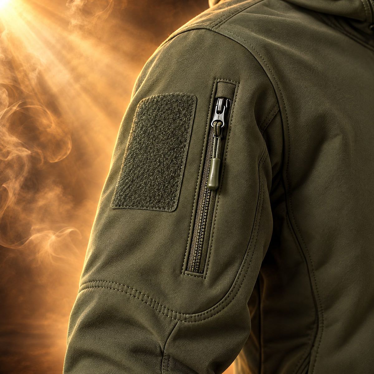 Sleeve zip pocket and hook-and-loop patch panel on the Domenico softshell jacket