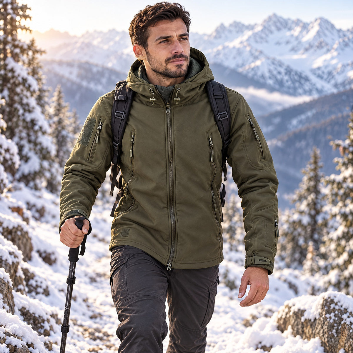 Man hiking a snowy mountain trail in the Domenico softshell jacket in green