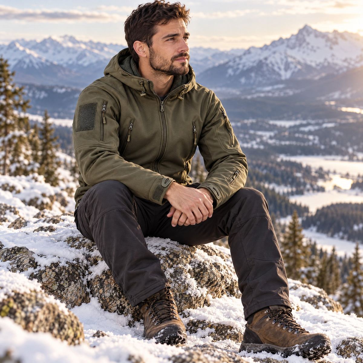 Man resting at a snowy mountain overlook in the Domenico softshell jacket