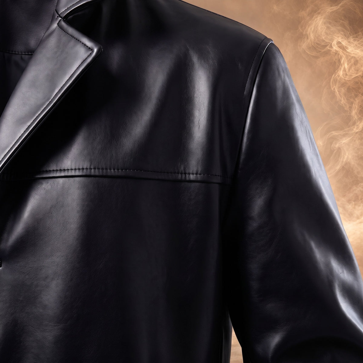 Fernando leather trench coat, Black, close-up of the paneled seam across the chest
