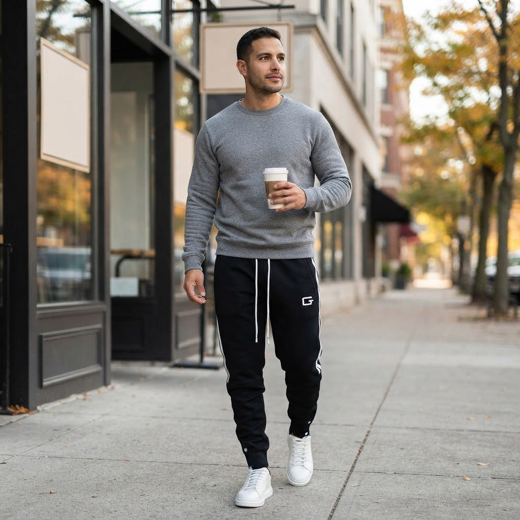Gino side stripe jogger pants, Black, worn on a city sidewalk