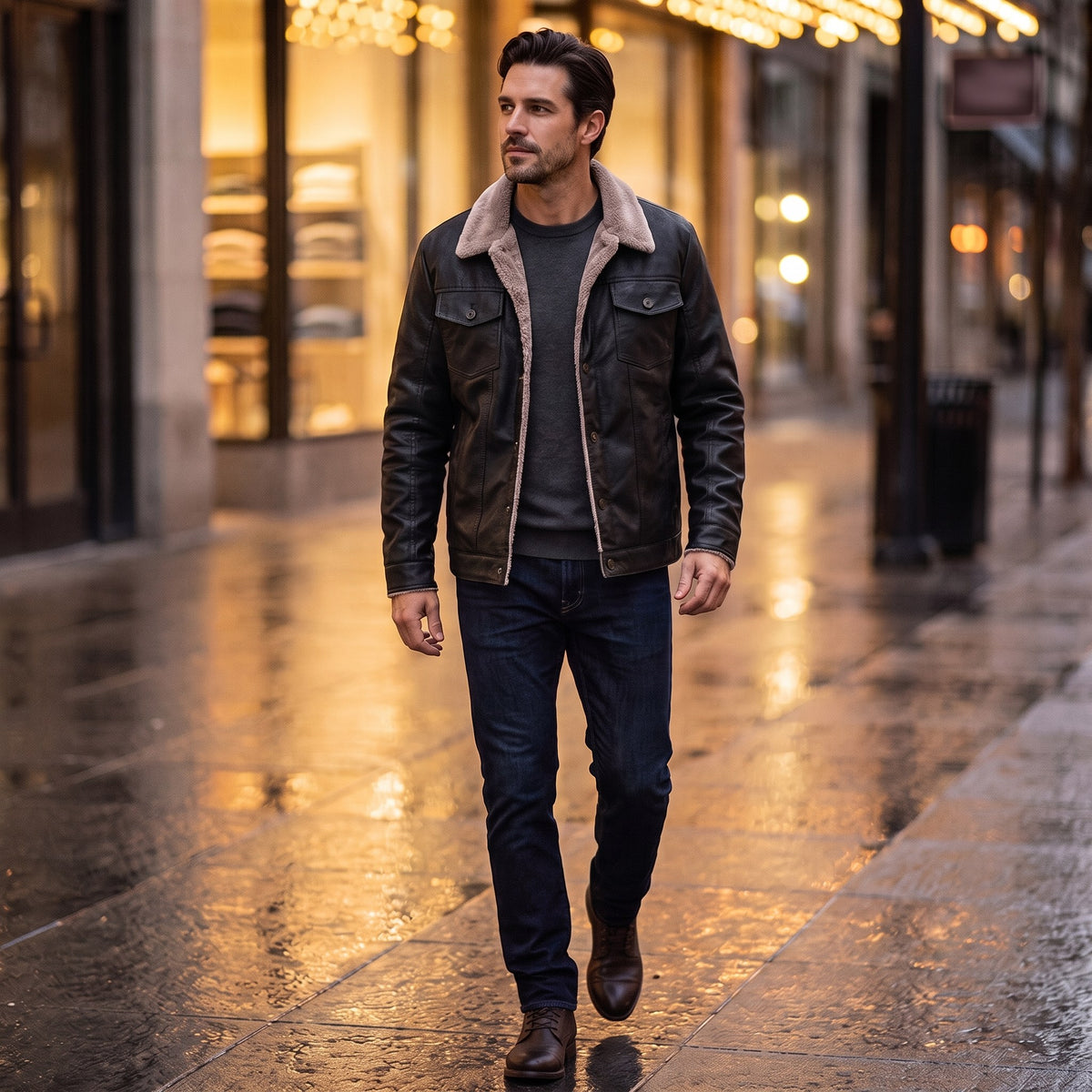 Edmund trucker jacket, Black, worn on an evening city street