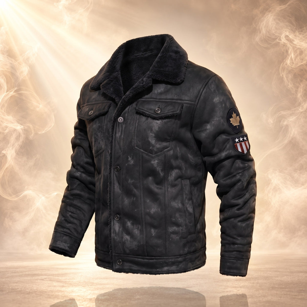 Evander plush-lined trucker jacket, Black, front view