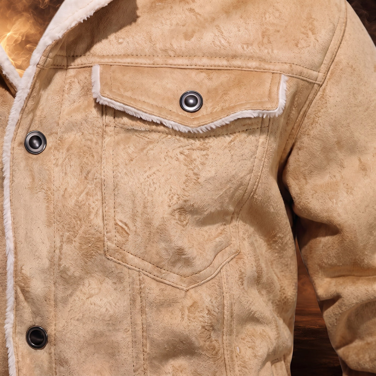 Evander plush-lined trucker jacket, Camel, buttoned chest flap pocket close-up