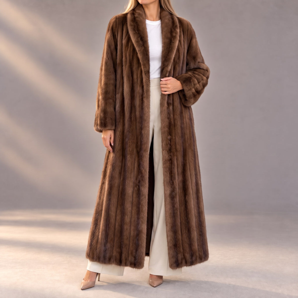 Camille long plush fur coat in mink brown