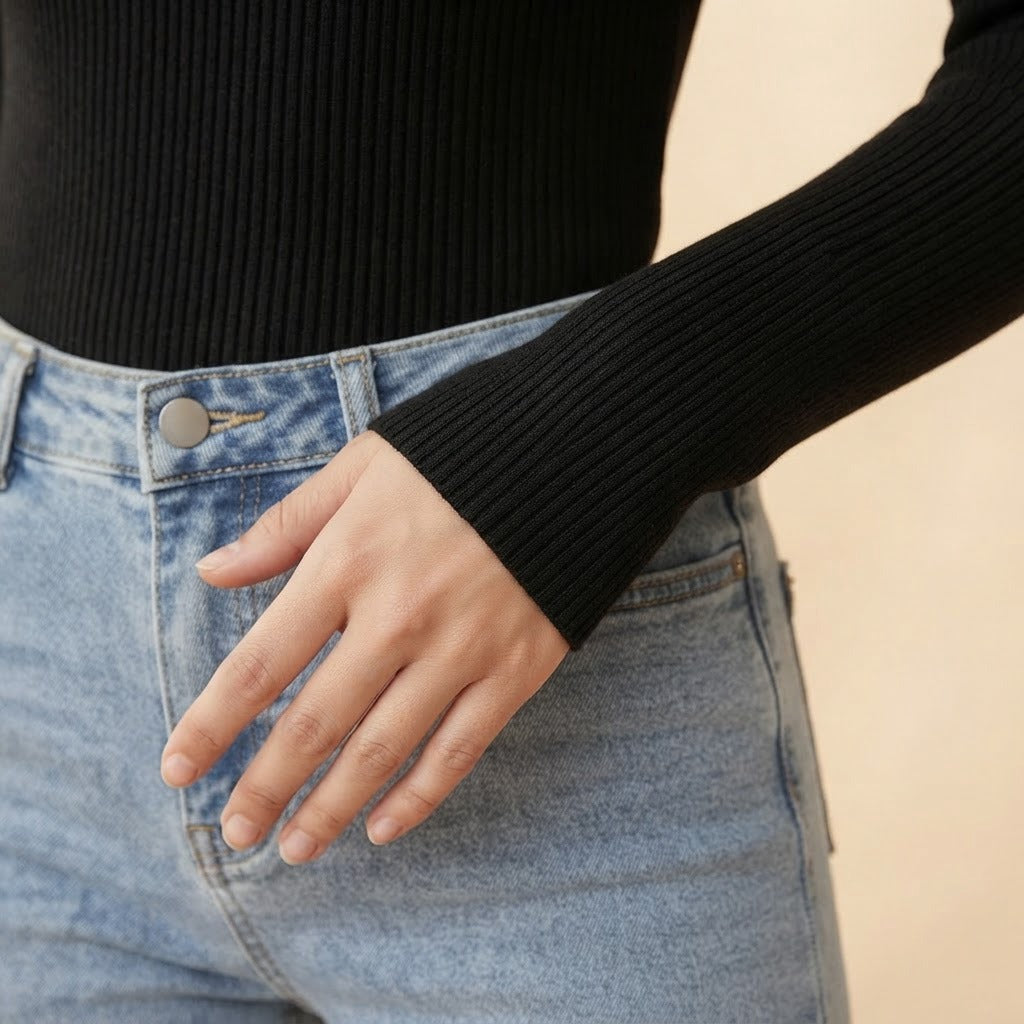 Greta ribbed V-neck knit sweater, Black, sleeve cuff close-up