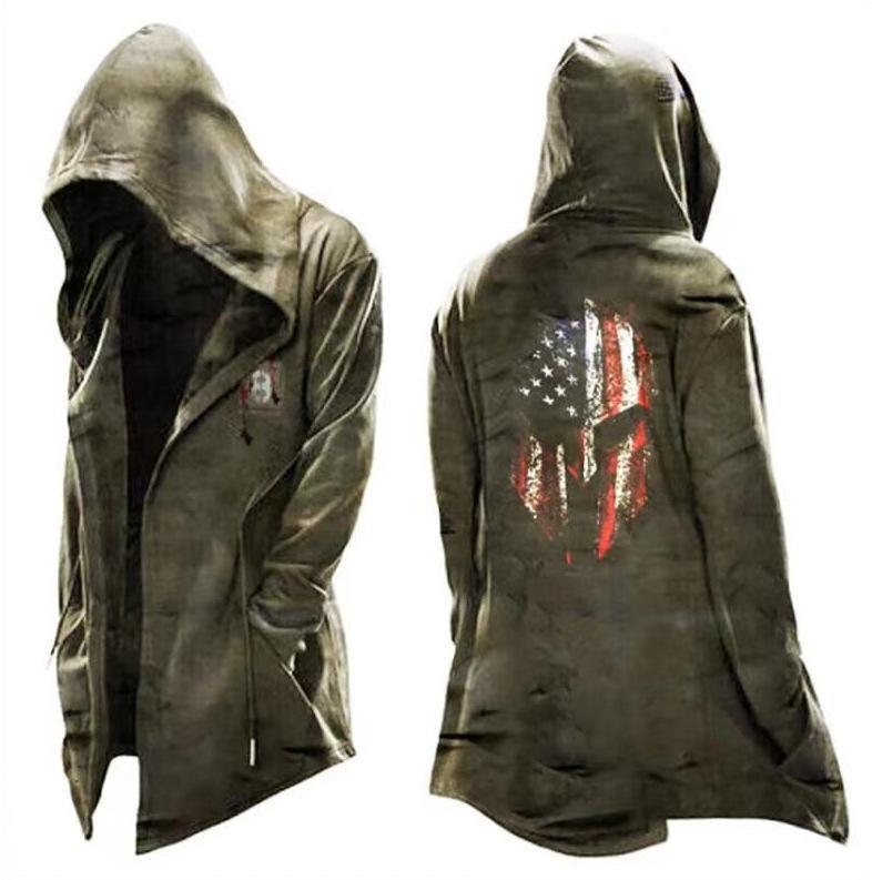 Cassius hooded cloak cardigan jacket, Army Green Flag Helmet, three-quarter front and back