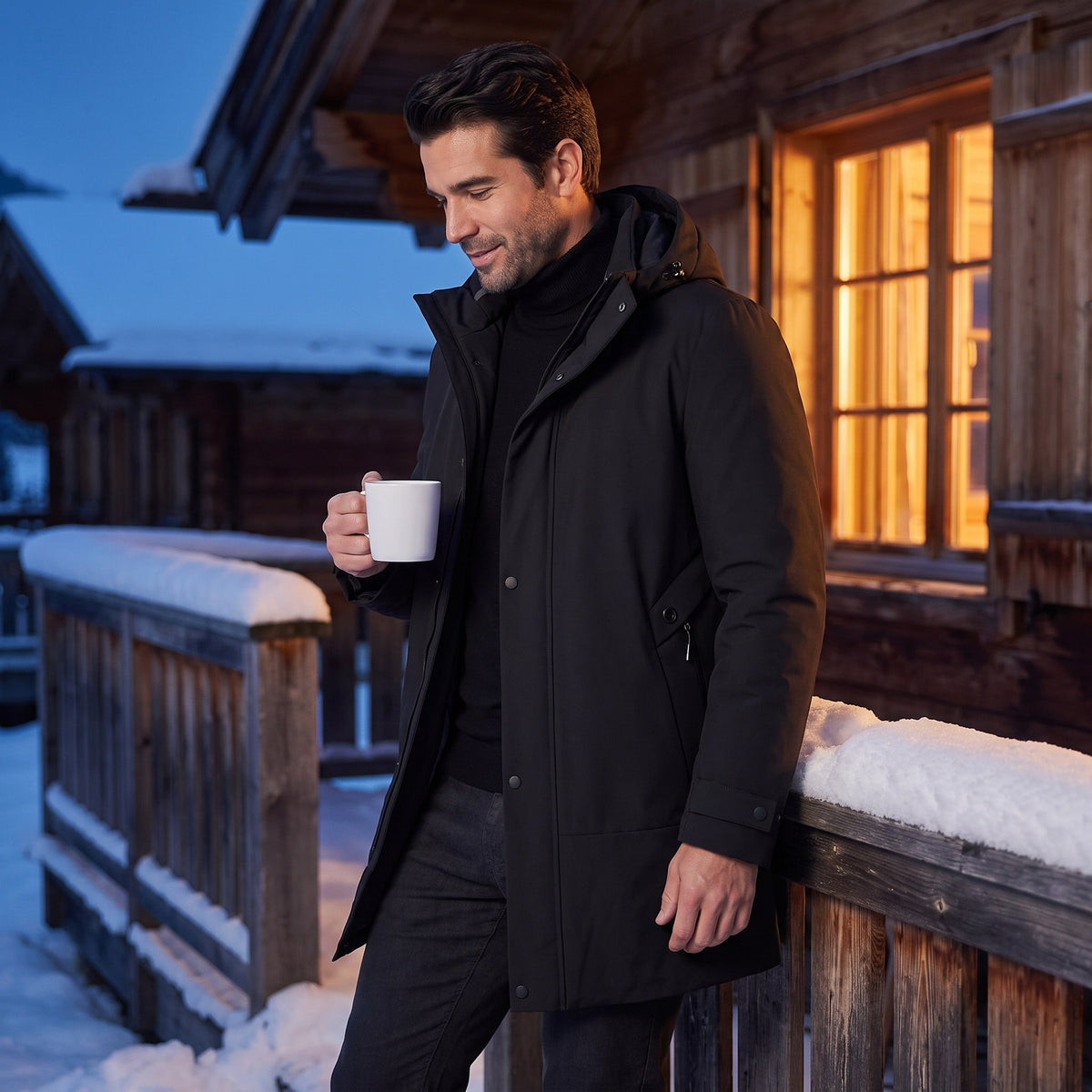 Quentin parka, Black, worn on a snowy cabin porch