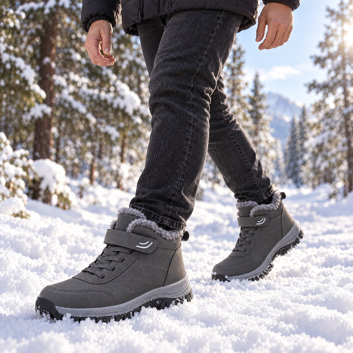Man walking a snowy forest path in the Fabrizio snow boots in gray