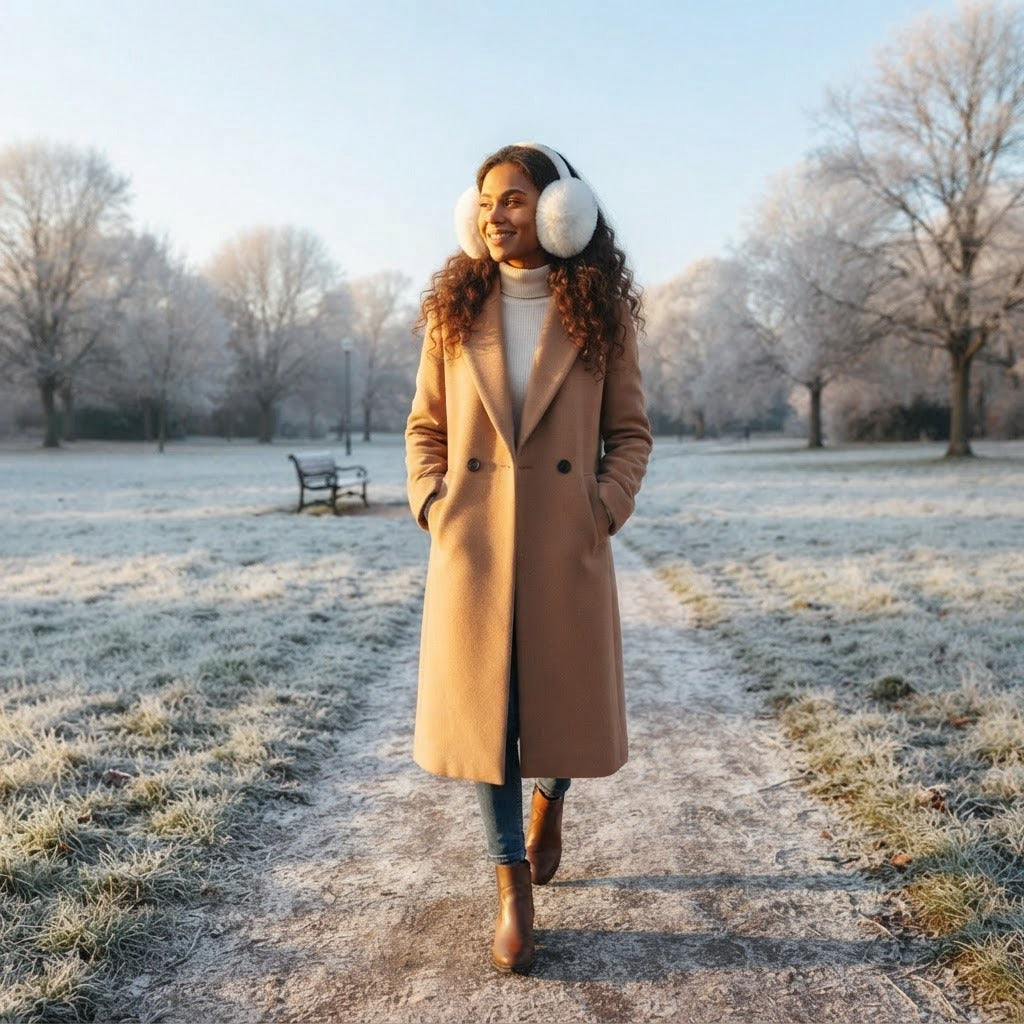Fiorenza foldable plush earmuffs, White, worn on a frosted park path