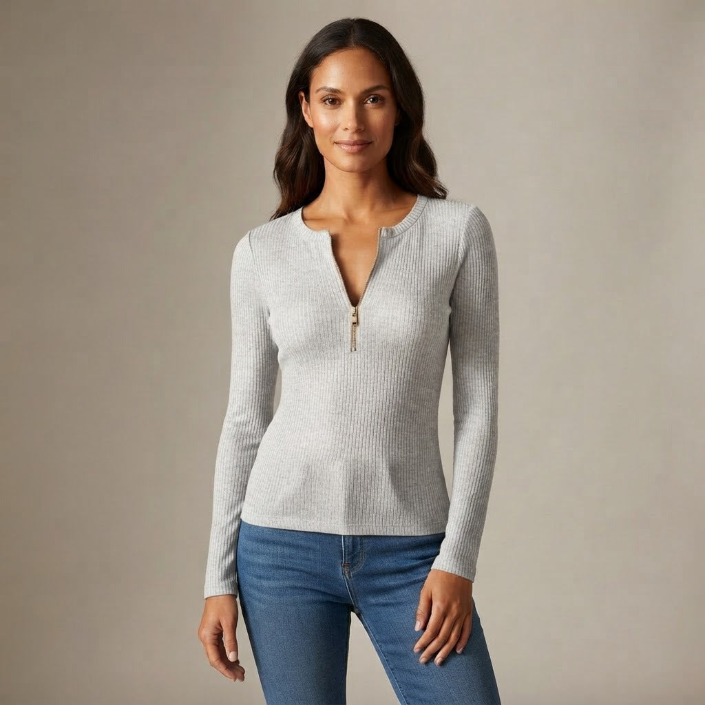 Elisa ribbed knit half zip top, Gray, front