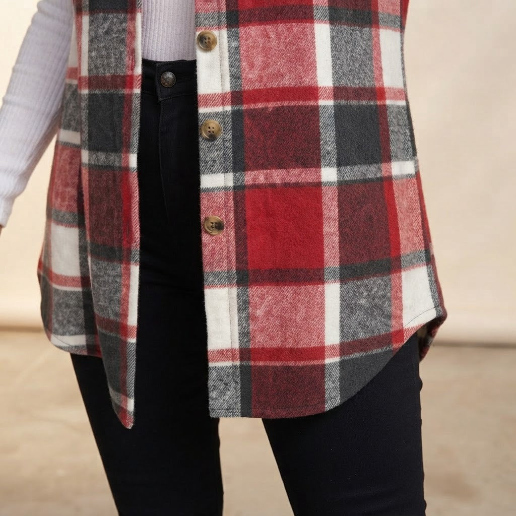 Fabiola plaid sleeveless shirt vest, Red, curved hem close-up