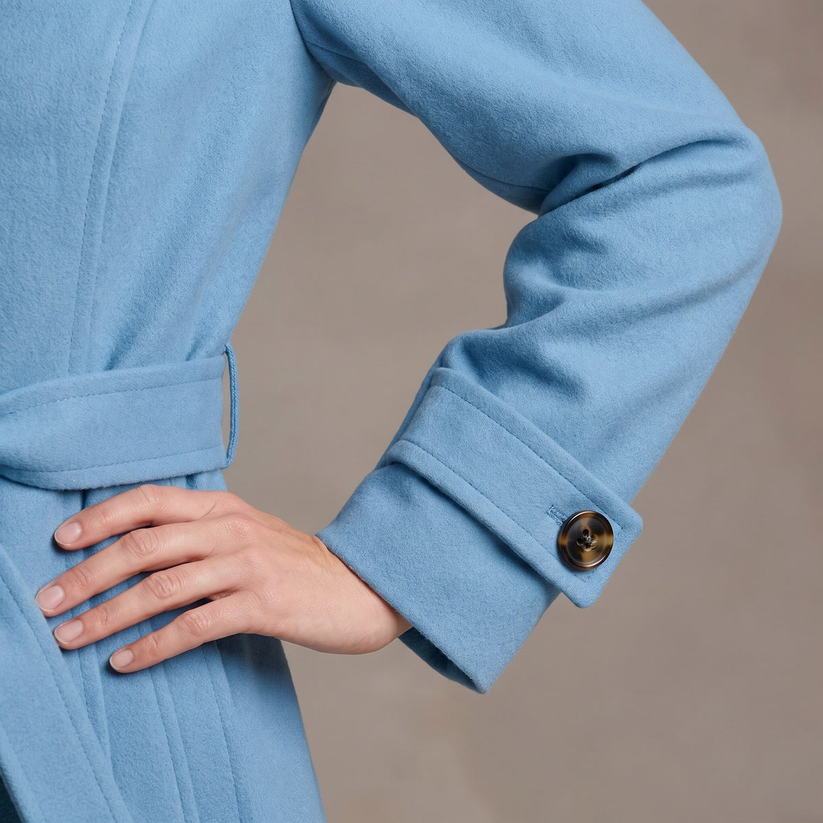 Rosalind coat, Sky Blue, buttoned cuff tab close-up
