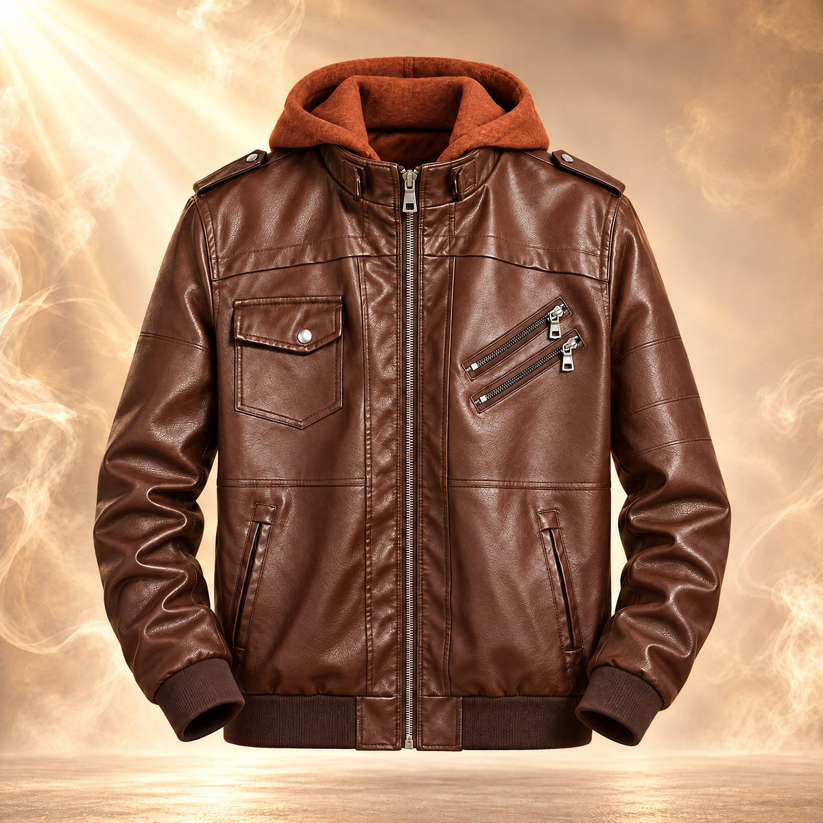 Federico hooded moto jacket for men in brown faux leather