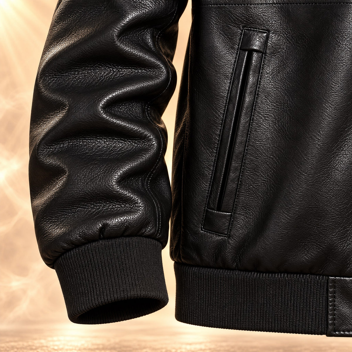 Rib-knit cuff and hip zip pocket of the Federico moto jacket