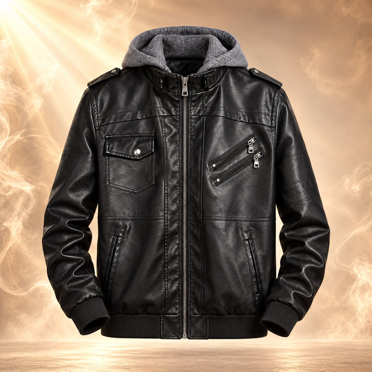Federico hooded moto jacket for men in black faux leather, front view