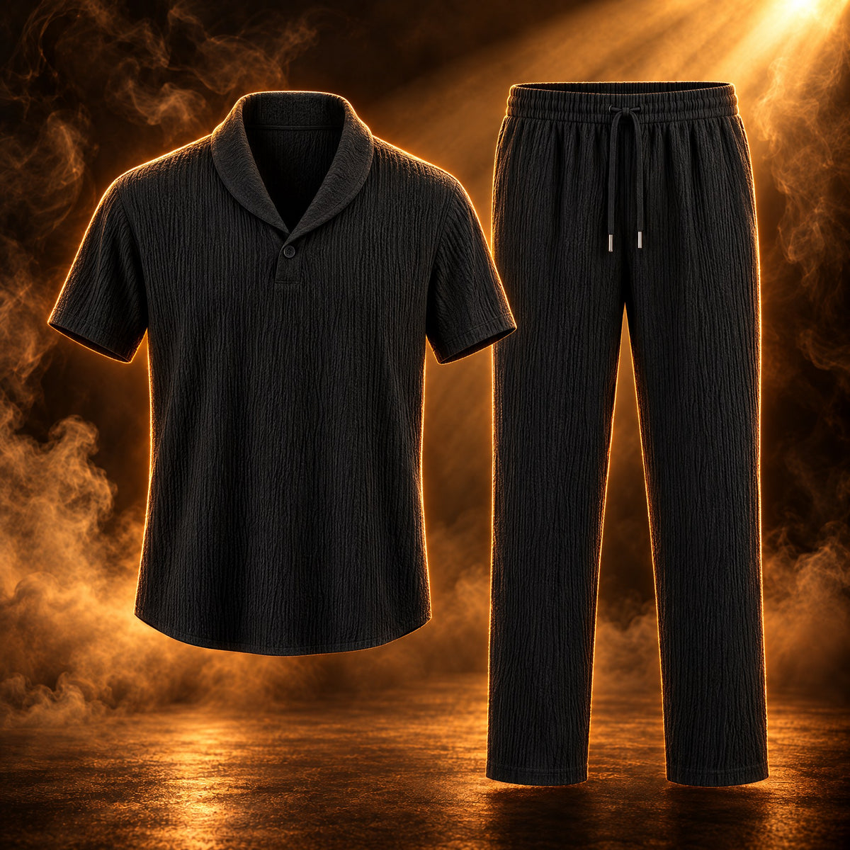 Flavio textured shawl collar shirt and pants set for men in black, front view