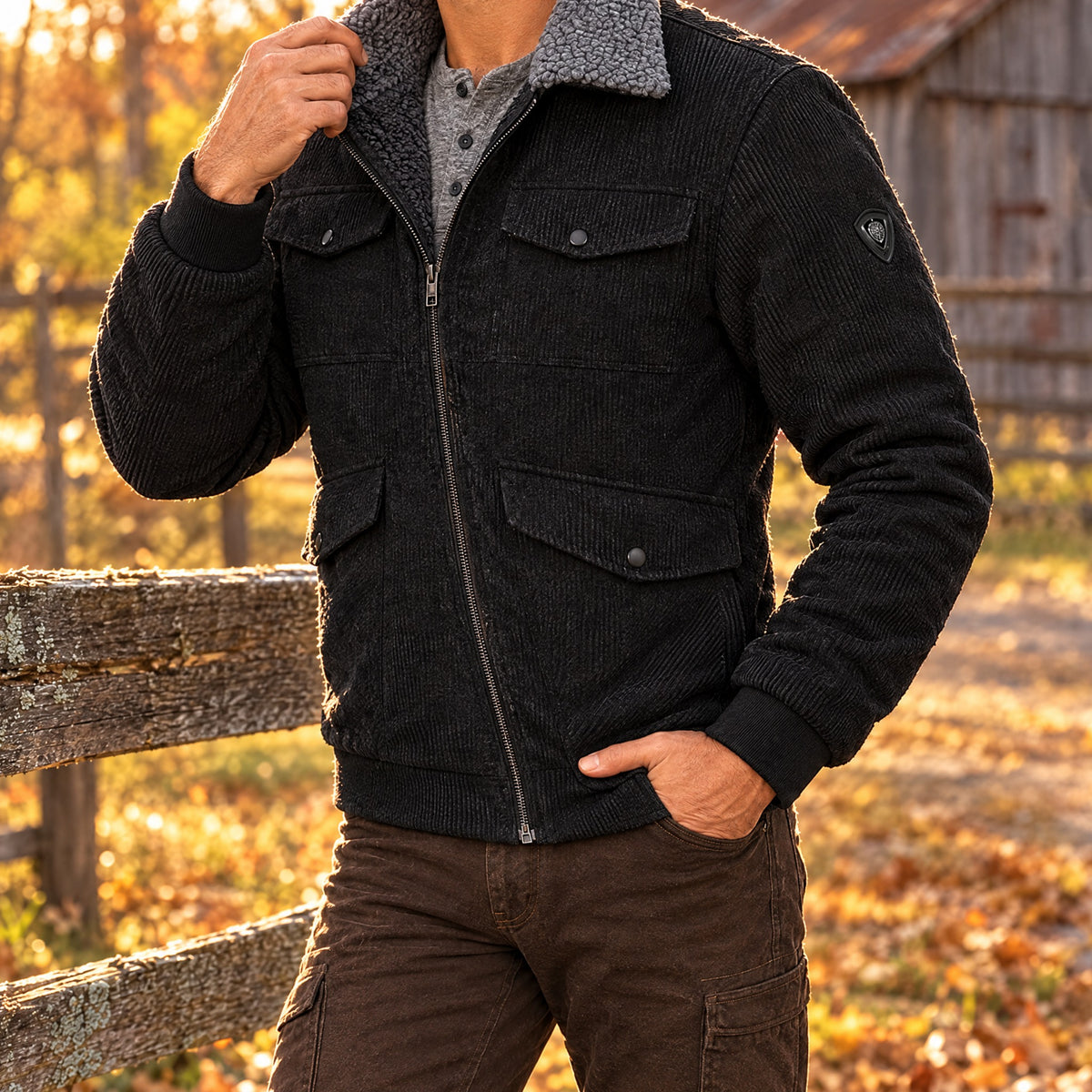 Gianni men's sherpa lined corduroy jacket in black, three-quarter view