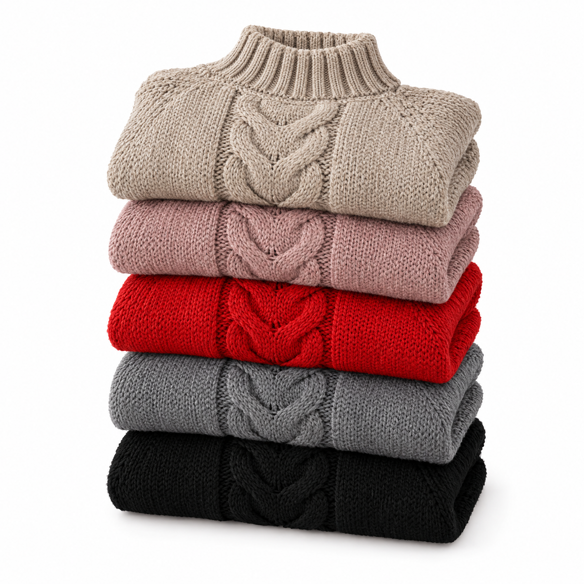 Elena cable knit high neck sweater folded in khaki, pink, red, gray and black
