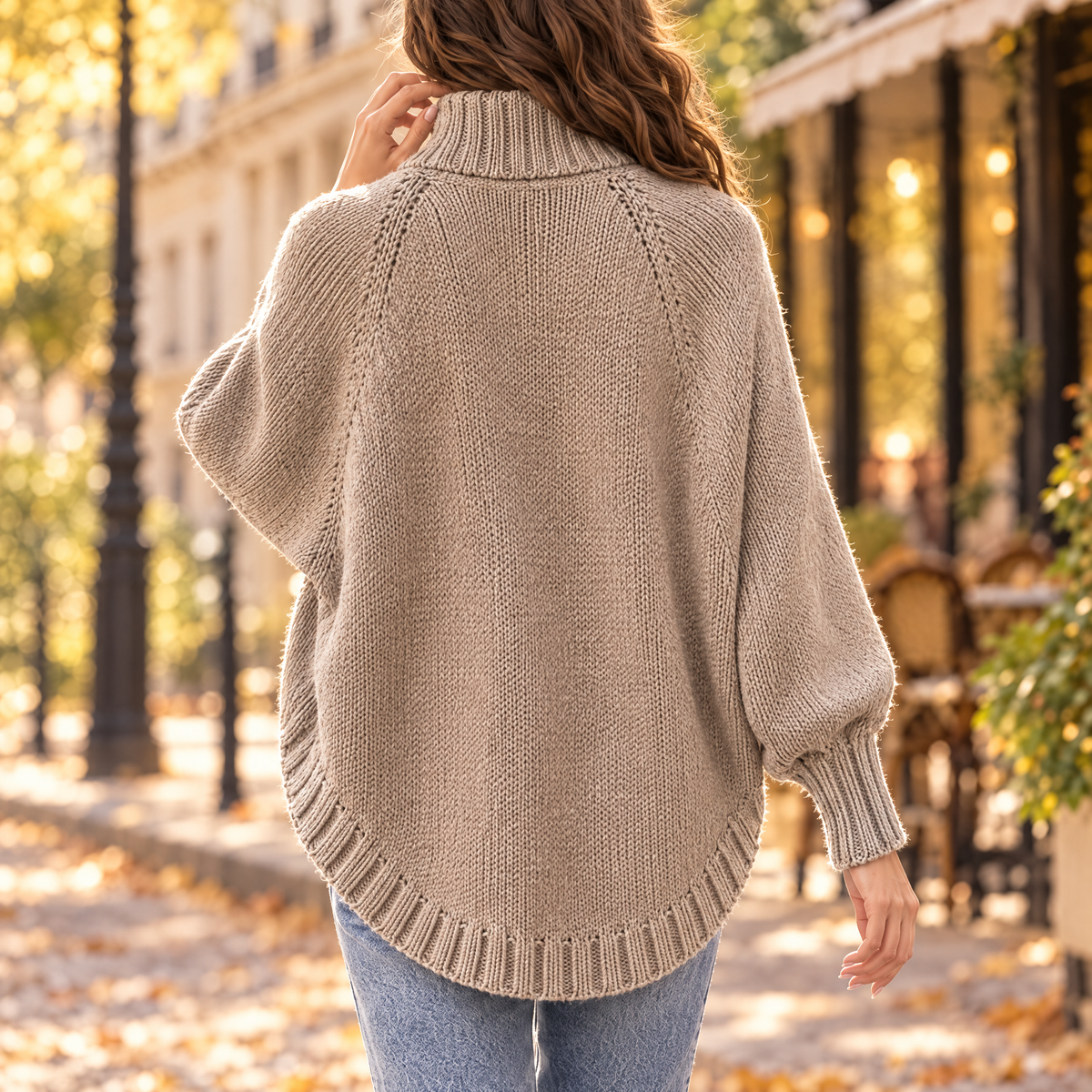 Elena oversized cable knit high neck sweater in khaki, back view