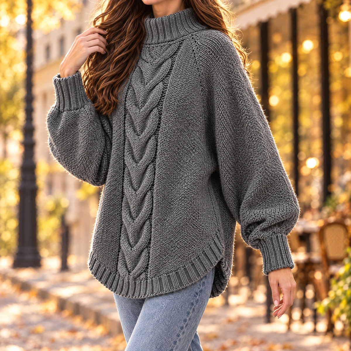 Woman wearing the Elena oversized cable knit high neck sweater in gray, three-quarter view