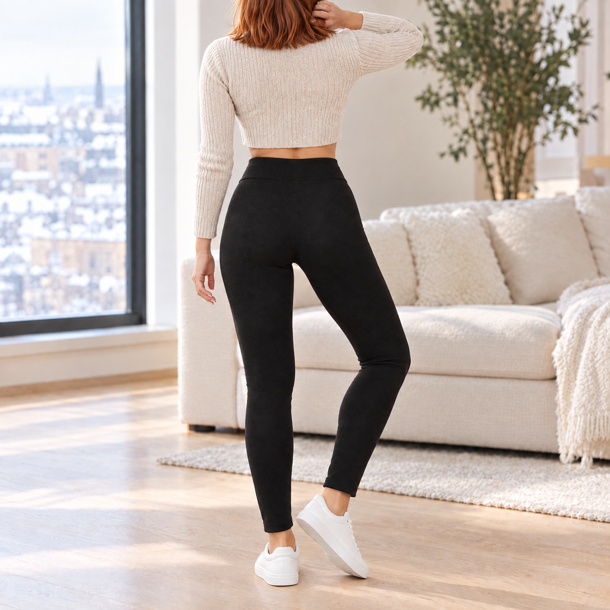 Giulia high waisted fleece lined leggings in black, back view