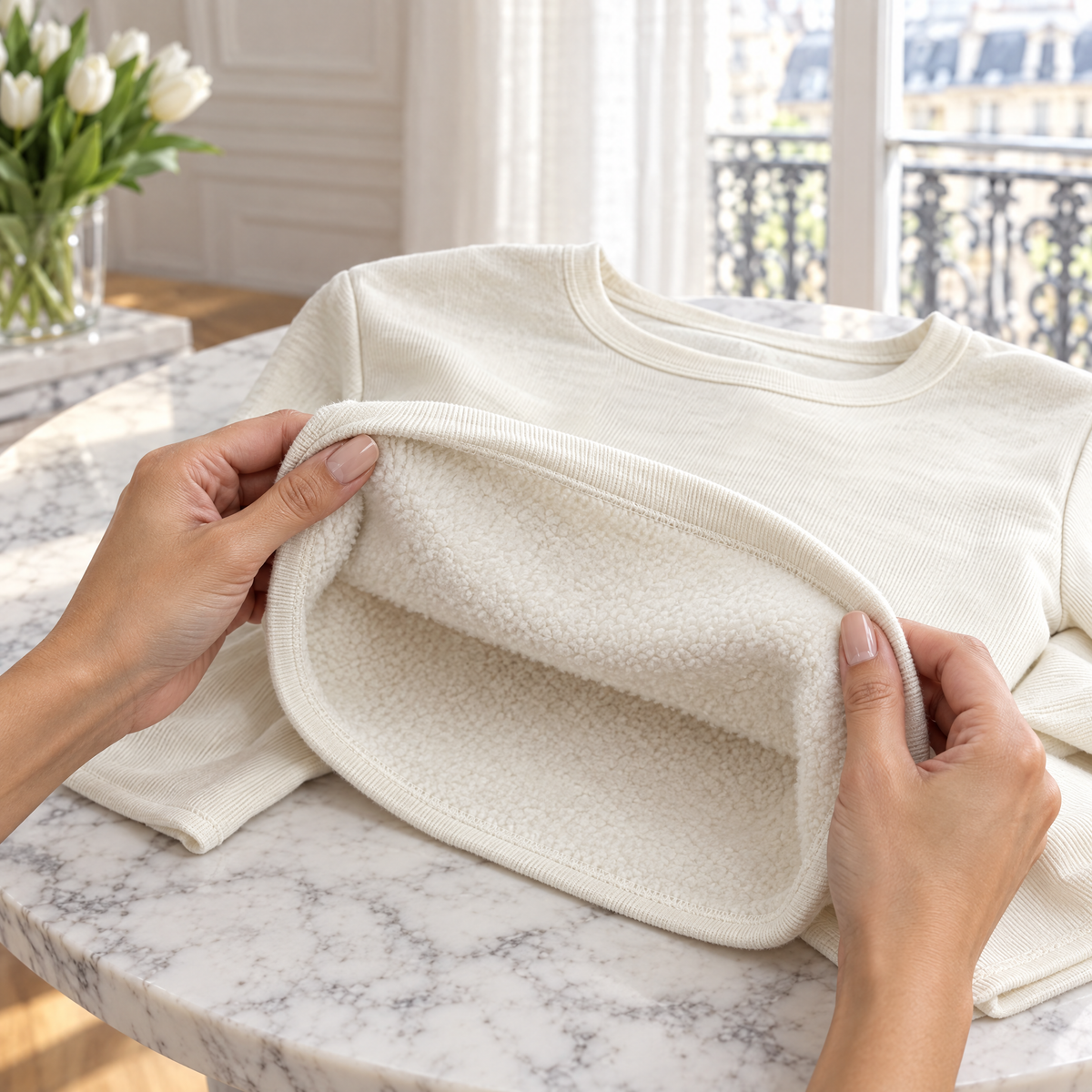 Chiara tee hem turned back to show the soft brushed interior