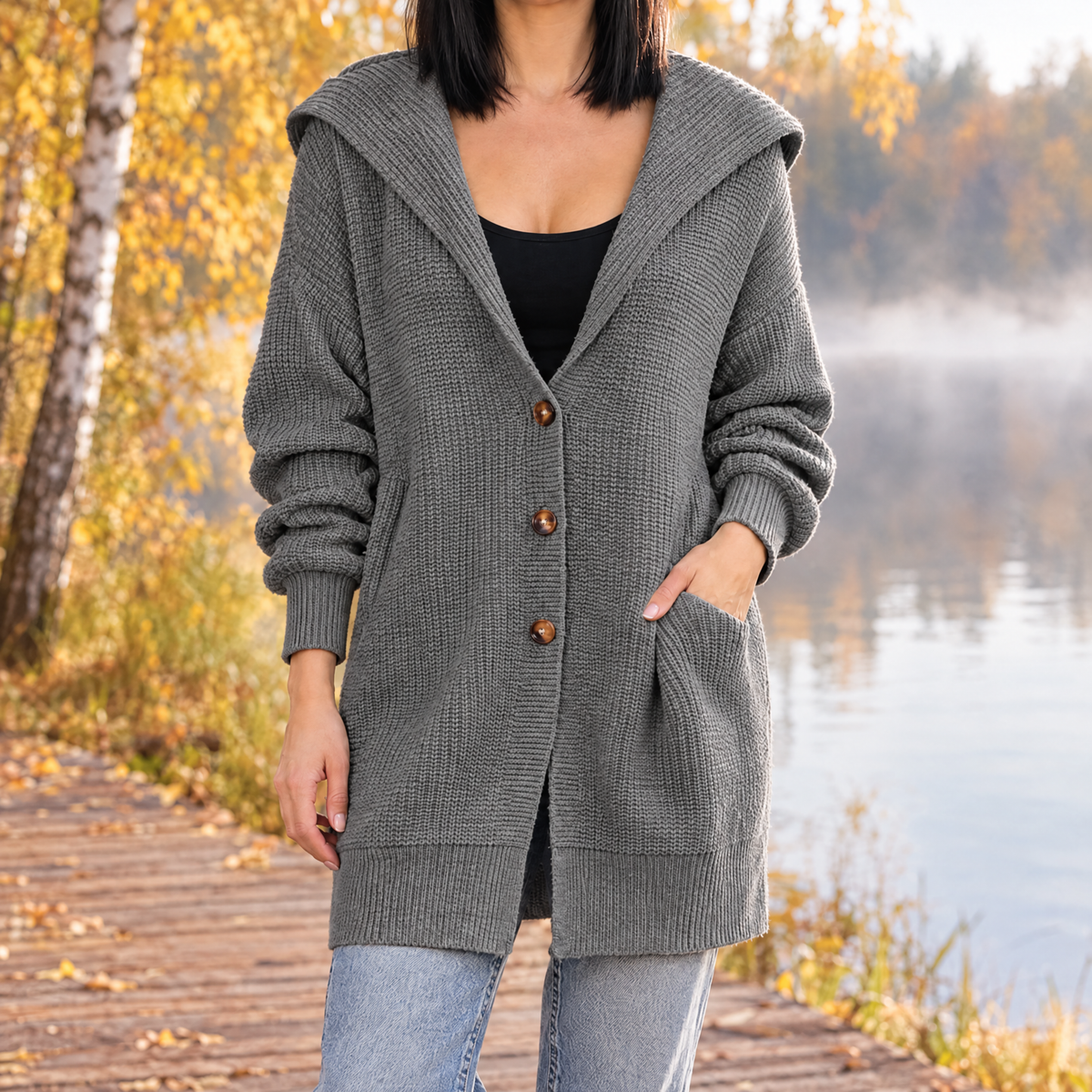 Isabella oversized hooded long knit cardigan in gray, front view