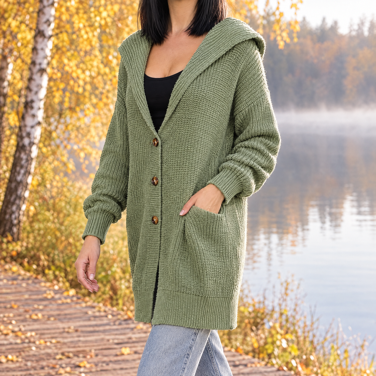 Isabella oversized hooded long knit cardigan in sage green, three-quarter view