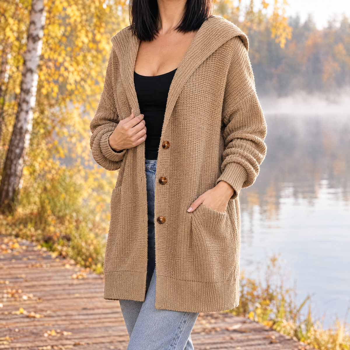 Isabella oversized hooded long knit cardigan in khaki, turned view