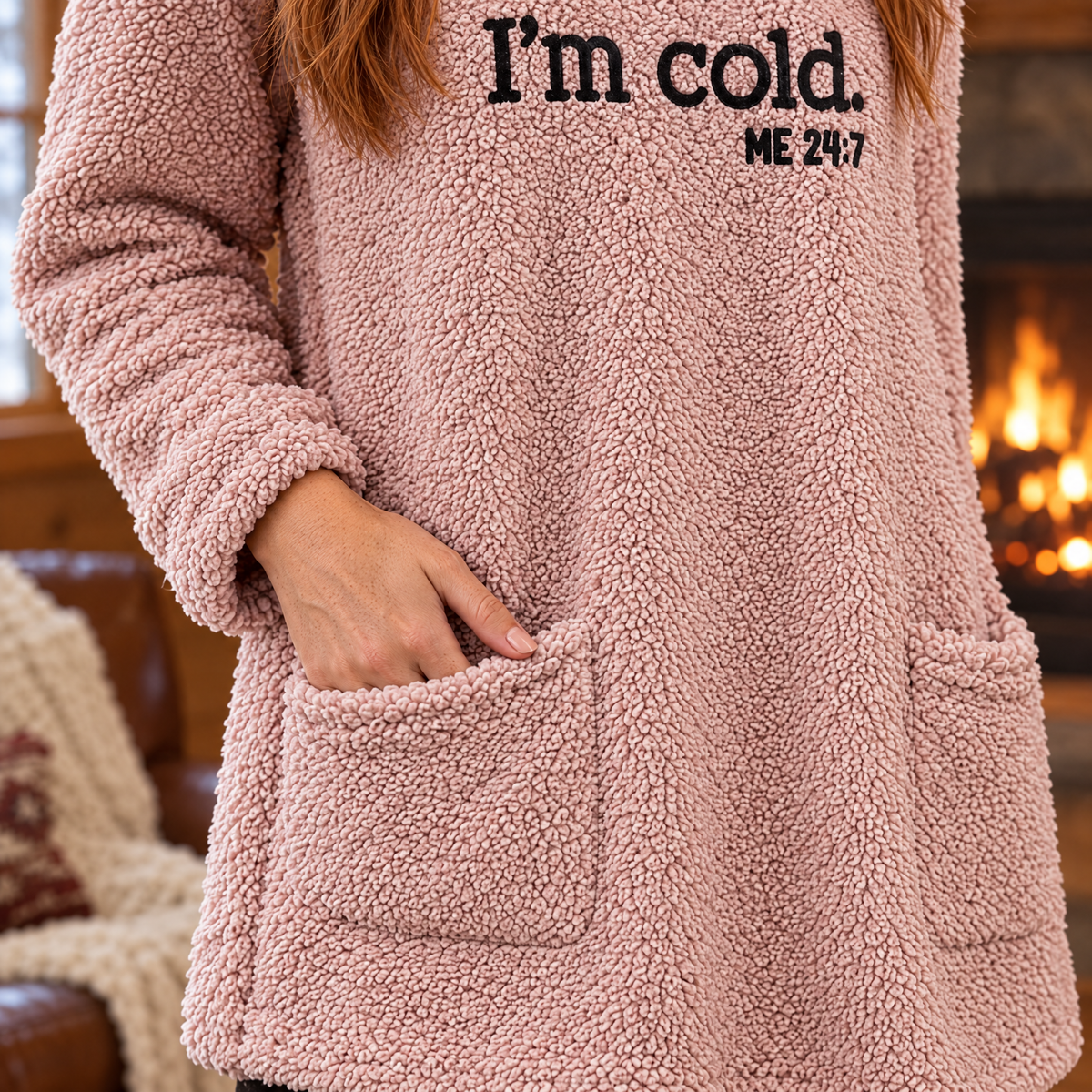 Livia oversized teddy fleece slogan sweatshirt in pink, close-up of teddy fleece and patch pocket