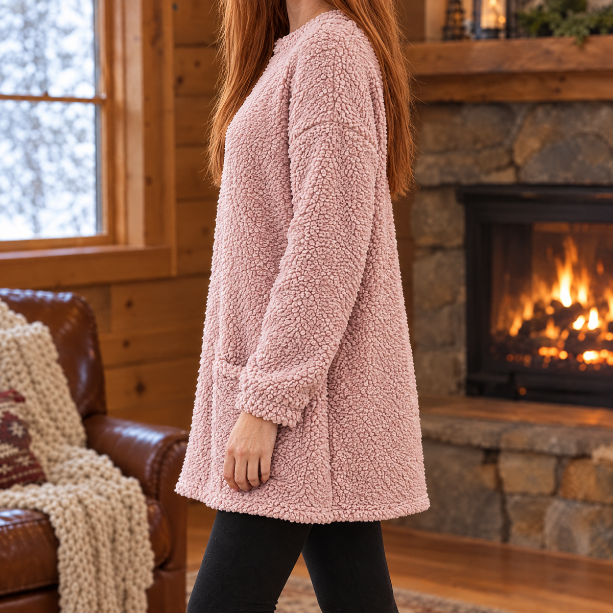 Livia oversized teddy fleece slogan sweatshirt in pink, side view