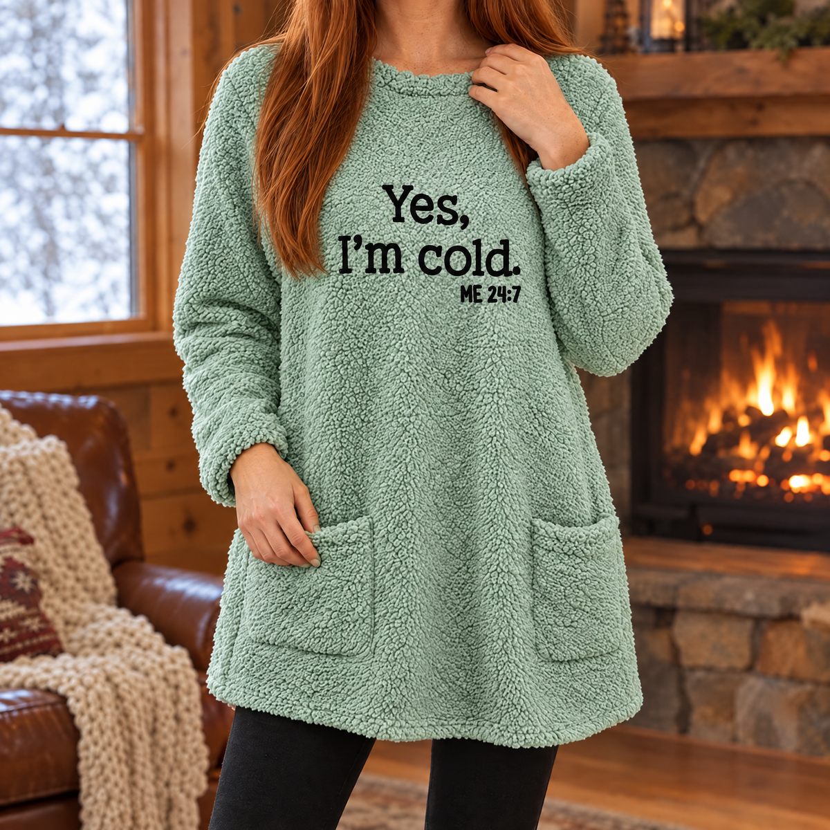 Livia oversized teddy fleece slogan sweatshirt in light green, front view