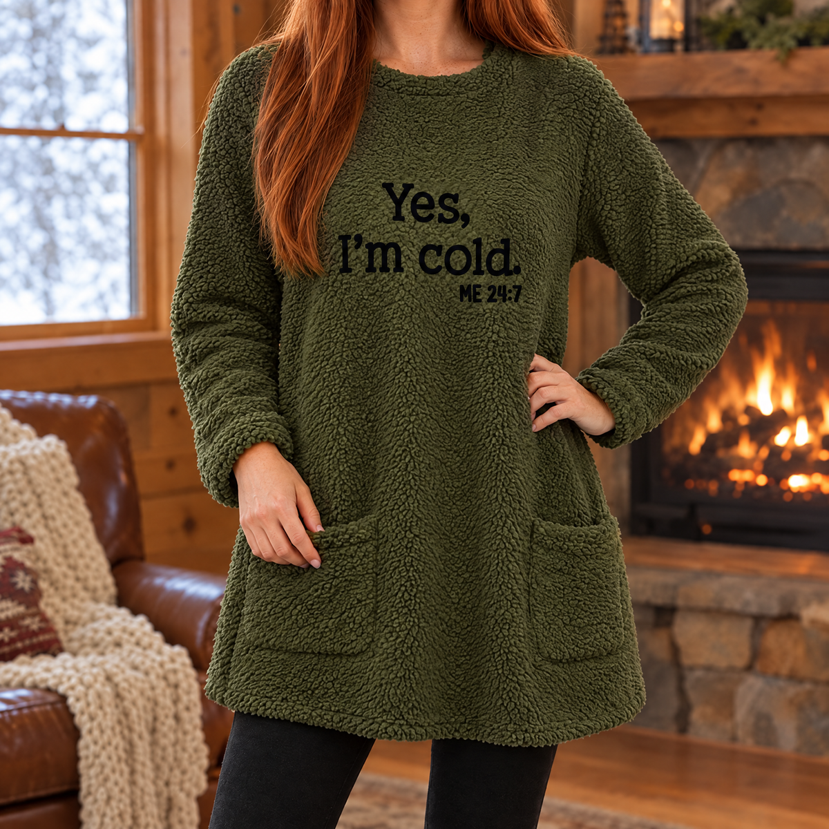 Livia oversized teddy fleece slogan sweatshirt in army green, turned view