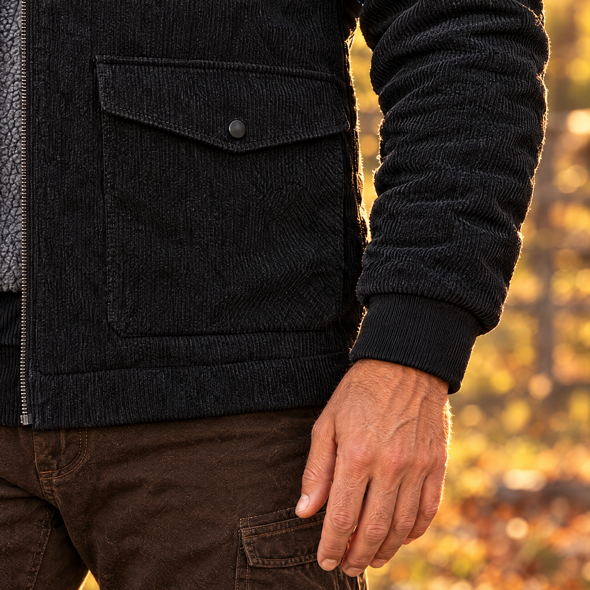Gianni corduroy jacket snap-flap pocket and rib cuff, close-up