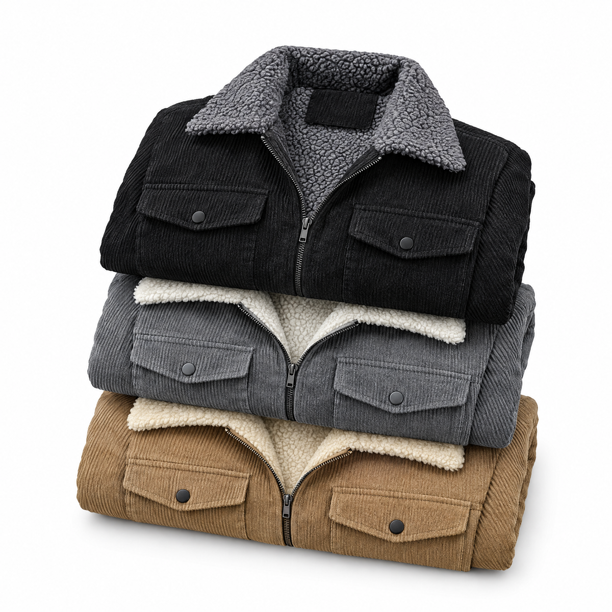 Gianni corduroy jacket in black, gray and khaki, folded and stacked