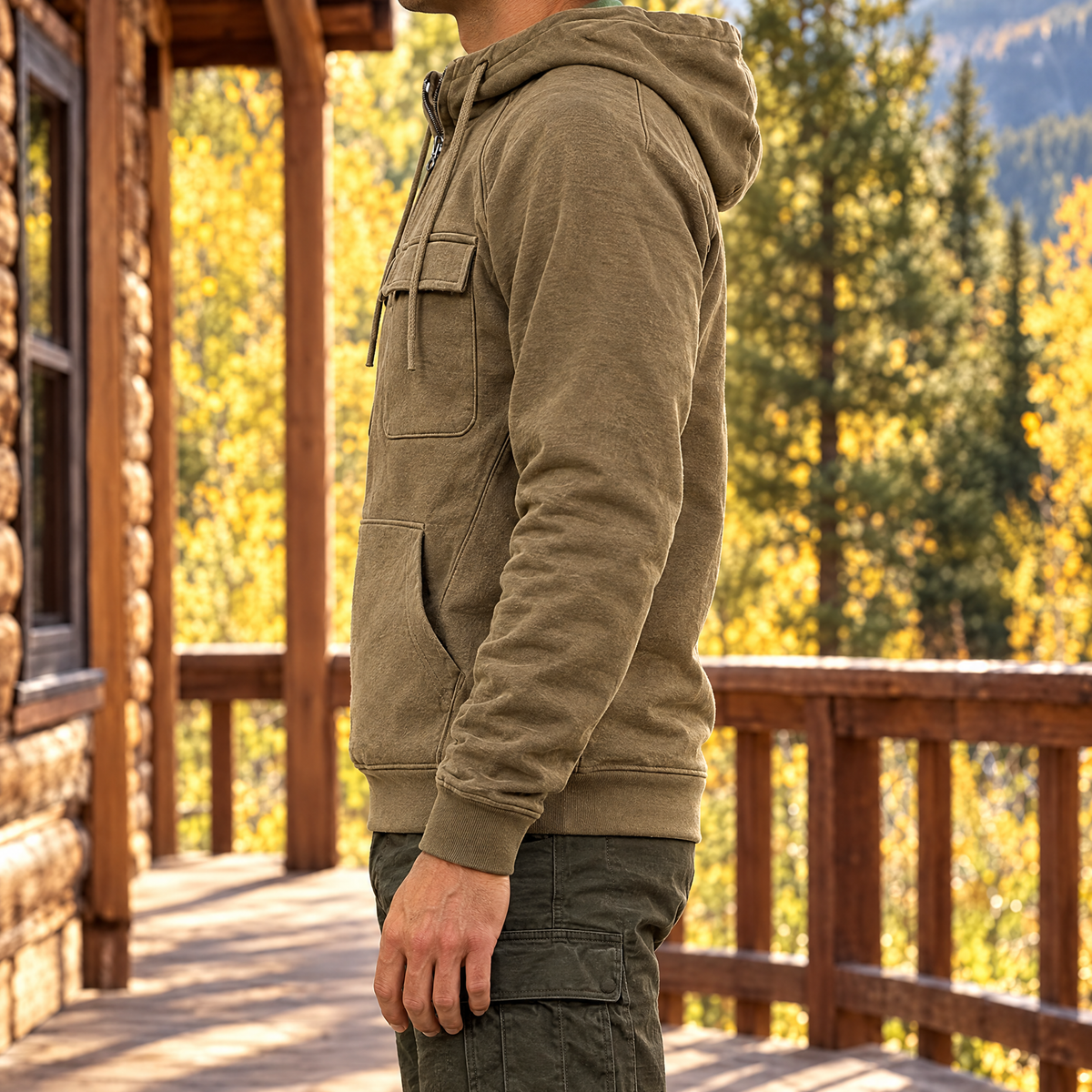 Nico men's quarter zip cargo pocket hoodie in khaki, side view