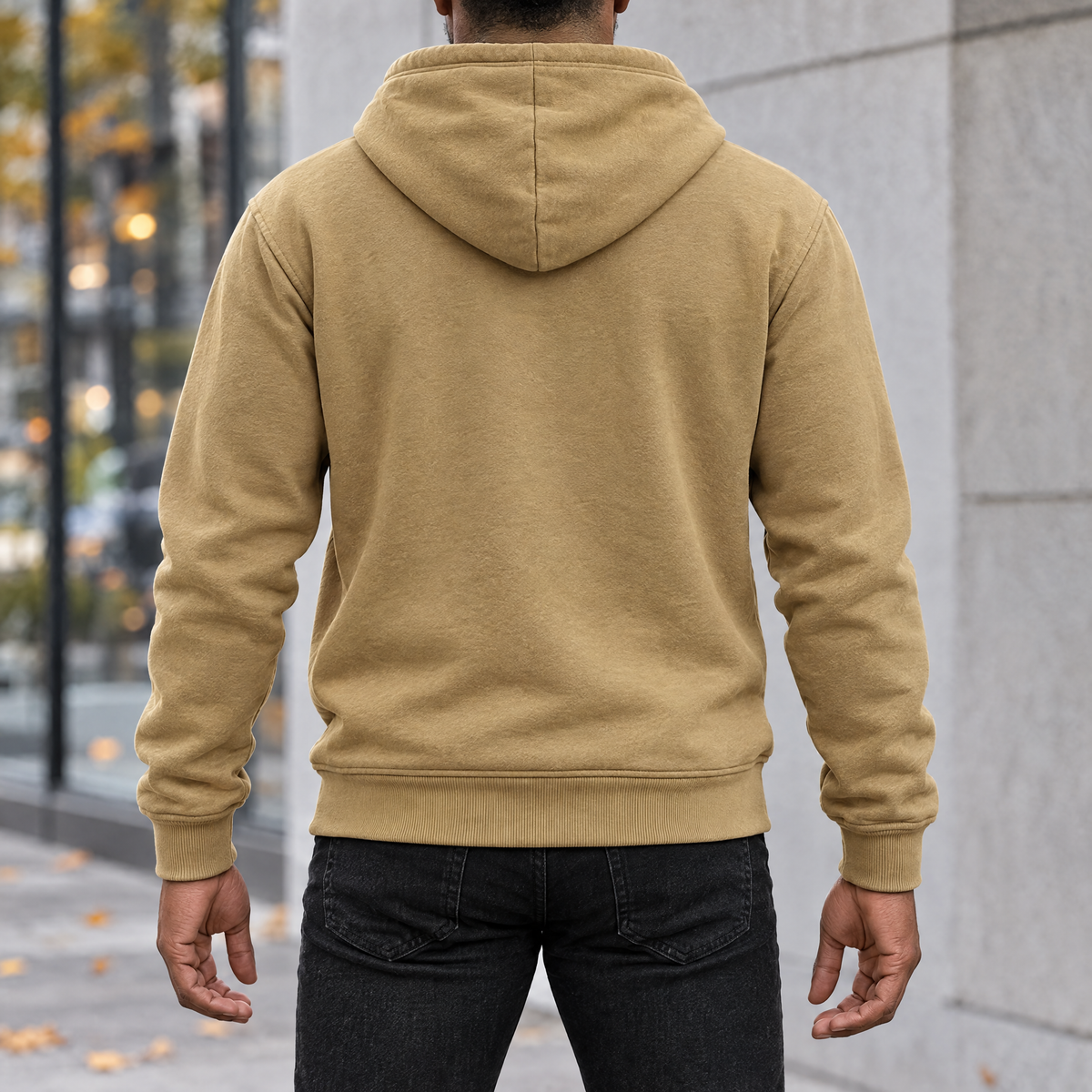 Leandro men's quarter zip fleece hoodie in khaki, back view