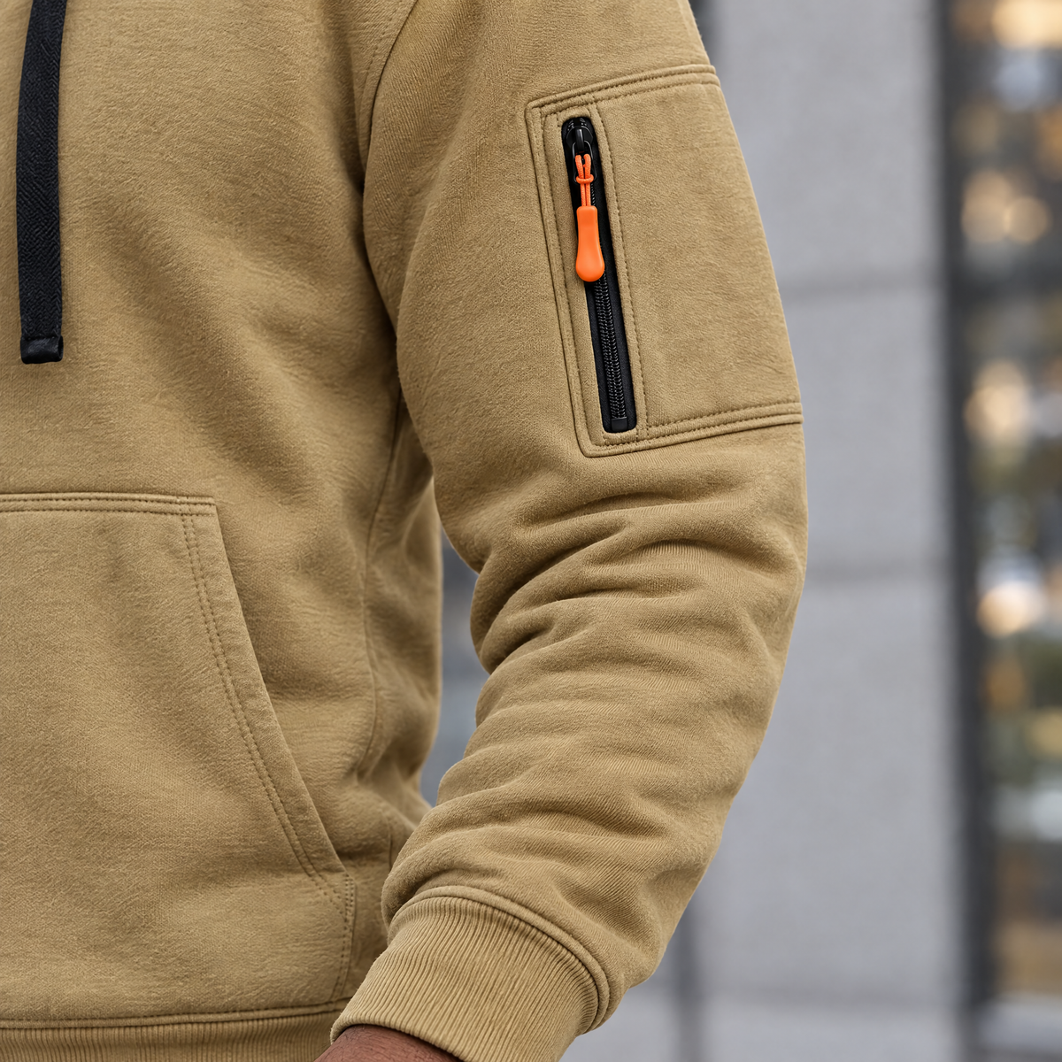 Leandro hoodie zippered sleeve pocket, close-up