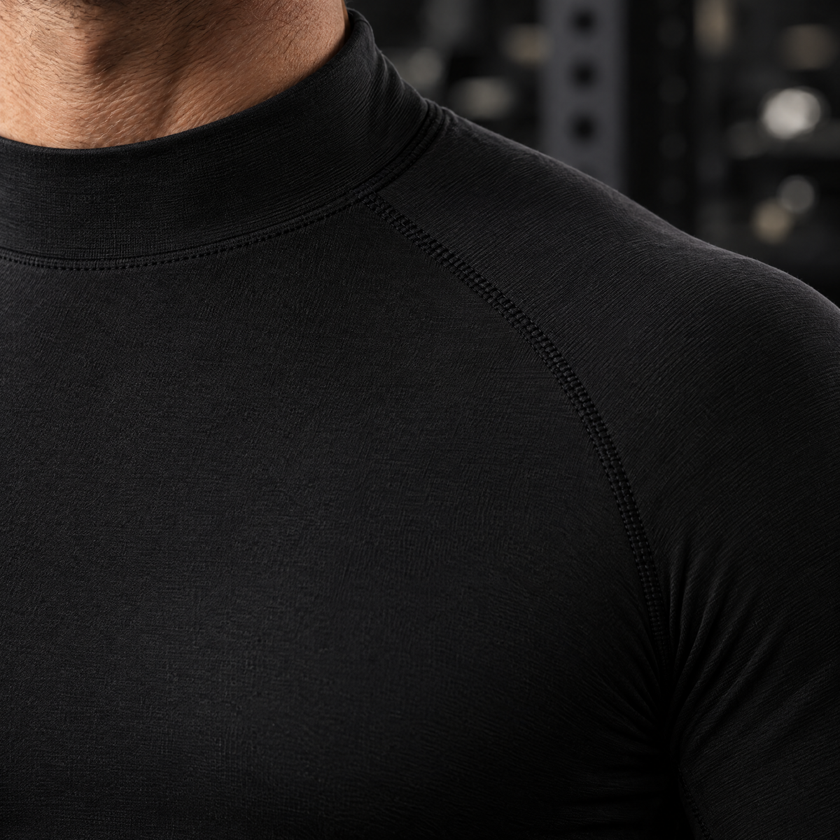 Dante compression shirt mock neck and raglan seam, close-up